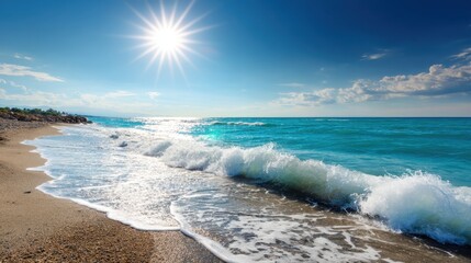 Poster - Serene seascape with turquoise water and gentle waves lapping onto the sandy beach under bright sunlight creating a tranquil and inviting atmosphere