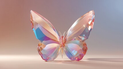 Poster - Iridescent crystal butterfly with colorful reflections and delicate details on a soft gradient background capturing the beauty of nature with a modern artistic touch