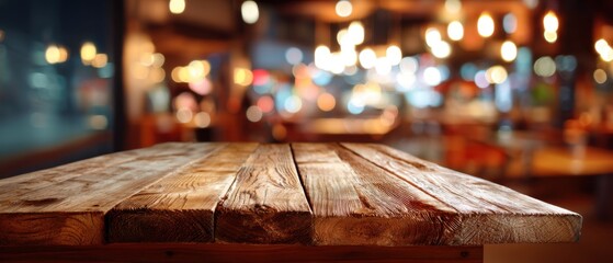 Poster - Rustic Wooden Tabletop Against a Blurred Restaurant Background with Bokeh Lights Ideal for Product Mockups and Food Photography in a Warm and Inviting Ambience