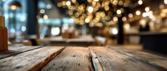 Poster - Rustic wooden table surface with blurred cafe background and bokeh lights creating a warm inviting atmosphere perfect for showcasing products or food photography