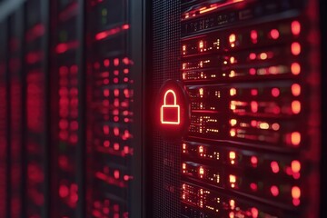 Poster - Digital padlock icon over red-lit data servers representing cybersecurity and data protection, padlock icon and digital data processing over computer servers