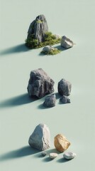 Poster - Serene rock arrangement showcasing nature's sculpture with mossy accents on a pastel background casting soft shadows in a minimalist style and high angle