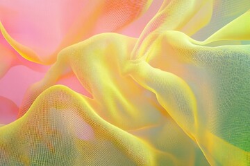 Leinwandbilder - Glowing yellow mesh dances over undulating green and pink waves creating a vibrant visual experience, glowing yellow mesh moving over waving green and pink background