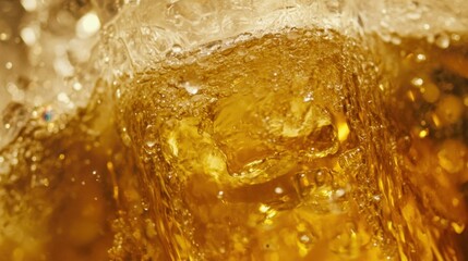 Poster - Refreshing amber liquid with ice cubes creating a dynamic splash and inviting coolness in a glass with golden hues and sparkling bubbles for a thirst quenching drink