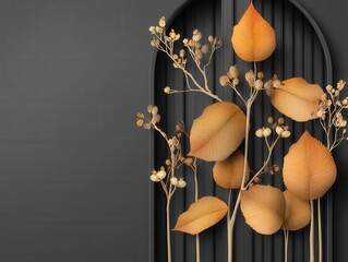 Poster - Elegant golden leaves and branches against a dark gray background creating a sophisticated and modern aesthetic with a touch of nature and artistic flair