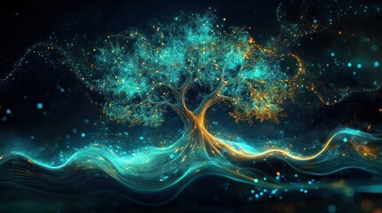 Aufkleber - Glowing digital tree abstract art with flowing lines