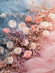 Poster - Delicate floral arrangement featuring roses and baby's breath on a sheer fabric background creating a soft romantic and ethereal aesthetic perfect for wedding or spring themed designs
