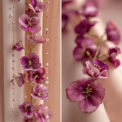 Poster - Delicate purple floral arrangement with beads on soft peach fabric evokes romantic and dreamy mood perfect for wedding or spring themed designs and backgrounds