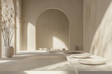 Poster - minimalist interior with neutral tones and natural light casting shadows on the walls showcasing ele