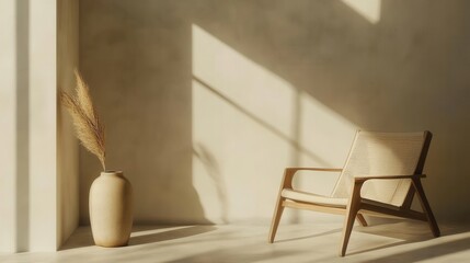Poster - Minimalist interior design with chair pampas grass and sunlight creating a serene and inviting atmosphere warm tones and natural light enhancing the scene