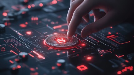 Poster - Digital coin on futuristic circuit board technology and finance concept