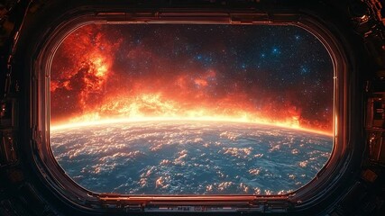 Wall Mural - view of a planet from inside a spaceship. the planet is orange and surrounded by a ring of fire