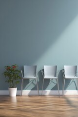 Poster - Serene waiting area with three chairs and a vibrant potted plant against a calming blue wall casting soft shadows creating a peaceful and inviting atmosphere