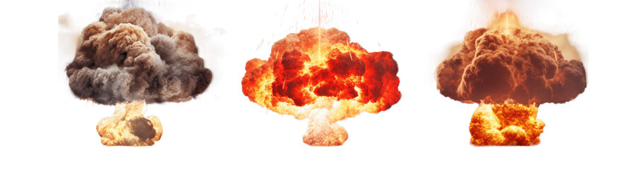 Wall Mural - three distinct explosions with varying colors and smoke plumes against a view from below transparent