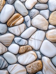 Poster - Smooth pebbles in neutral tones create a calming zen like pattern with an overhead shot showcasing their natural beauty and texture against a gray background
