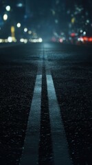 Poster - Moody nightscape showcasing a dark wet asphalt road with blurred city lights background creating a cinematic atmosphere for urban exploration and travel photography