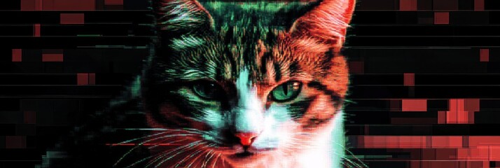 Poster - Futuristic feline: Abstract cat portrait with digital glitch art effect