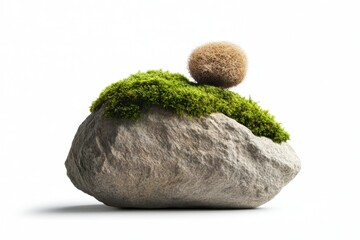Poster - Serene still life of a mossy rock with a tumbleweed on a white background capturing nature's beauty in a minimalist composition with a soft and natural light