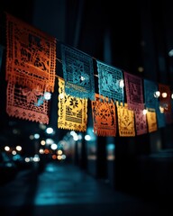 Poster - Festive fiesta paper decorations hanging outdoors at night creating a vibrant atmosphere with bokeh lights and cultural celebration in a dark background