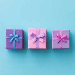 Poster - Pastel presents on blue background offering a cheerful and celebratory mood top down view of gift boxes with ribbons and bows symbolizing love and appreciation