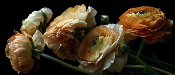 Poster - Elegant ranunculus flowers in a dark background creating a dramatic and romantic visual mood showcasing the beauty of nature in a studio shot
