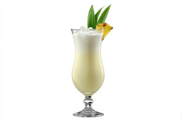 Poster - Refreshing pina colada cocktail in elegant glass with pineapple garnish and tropical leaves on white background studio shot offering a taste of summer vacation
