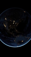 Poster - Earth from Space at Night Showing City Lights Across North and South America in Stunning Detail and Deep Black Background with Blue Atmosphere
