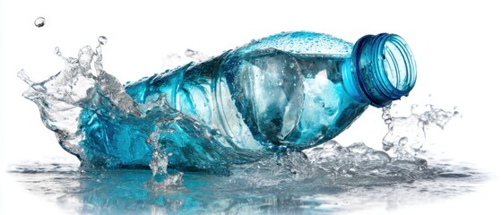 Poster - Refreshing splash of pure water from a blue plastic bottle in a dynamic studio shot with a clean white background conveying hydration and healthy lifestyle choices