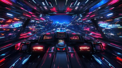 Poster - Futuristic spaceship cockpit interior with neon lights