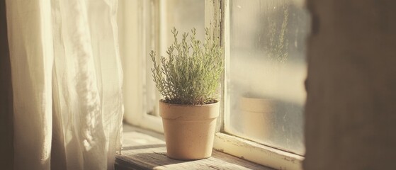 Poster - Serene indoor scene featuring a potted plant on a rustic windowsill with soft light filtering through a sheer curtain creating a tranquil and peaceful atmosphere