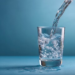 Poster - Refreshing water pouring into glass on blue background creating bubbles and splash in a clean and minimalist composition with a cool and calming mood