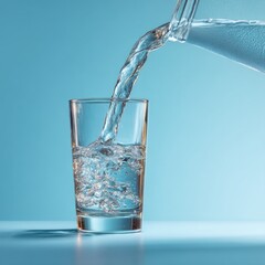 Poster - Refreshing pure water pouring into a glass against a serene blue background creating a sense of hydration and wellness capturing the essence of clean living