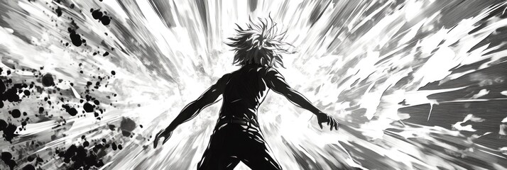 Poster - Monochromatic illustration of a person enveloped in a burst of energy