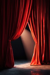 Poster - Dramatic Red Velvet Curtains Open on a Stage with a Single Spotlight Shining on the Floor Creating a Sense of Mystery and Anticipation in the Dark Theater