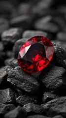 Poster - Radiant ruby gemstone glistening on dark coal stones a symbol of passion wealth and luxury with a striking contrast and elegant camera angle