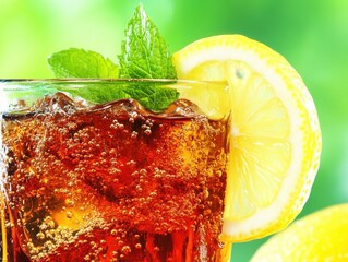 Poster - Refreshing iced tea with lemon and mint on a bright green background capturing a vibrant summer mood perfect for thirst quenching and relaxation in a close up shot