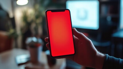 hand holding smartphone with red screen, blurred background.