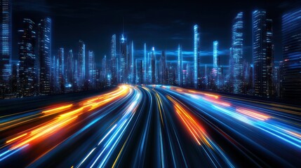 Poster - Futuristic city highway with light trails