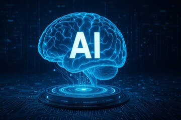 Poster - Glowing blue artificial intelligence brain hovering above a futuristic circuit board, symbolizing the power and potential of ai in modern technology