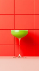 Poster - Vibrant lime green cocktail in a tall glass, set against a red tiled background with soft pink table, creating a striking color palette.