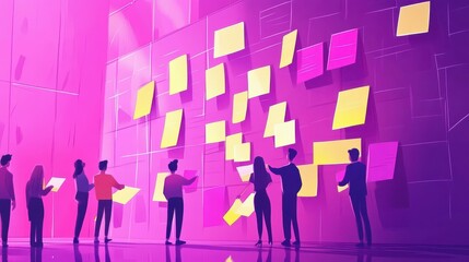 Poster - Team members moving cards on large kanban board. Teamwork, communication, interaction, business process, agile project management concept, violet palette. Vector illustration on white background. ill