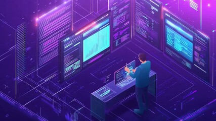 A programmer analyzing data on multiple screens in a futuristic digital environment