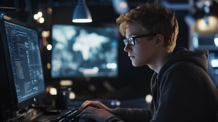Focused young programmer coding in a dimly lit tech workspace with screens displaying data