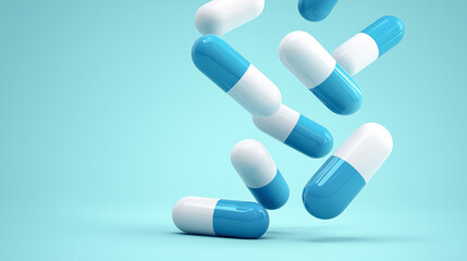 Poster - Blue and white medicine capsules falling on light blue background