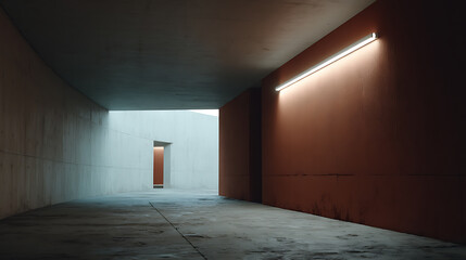 Aufkleber - Minimalist interior with concrete floor, orange wall, and a long linear light fixture. Empty space and geometric shapes create a sense of solitude.