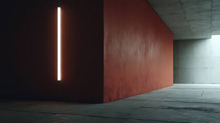 Aufkleber - Minimalist architectural space featuring a linear light against a colored wall, concrete textures. High contrast lighting and geometric composition.