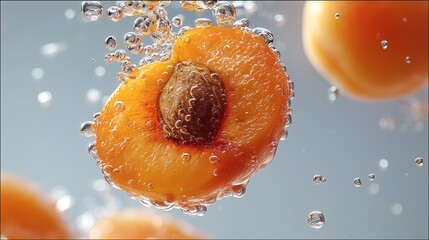Poster - Ripe apricot halves submerged in sparkling water with bubbles