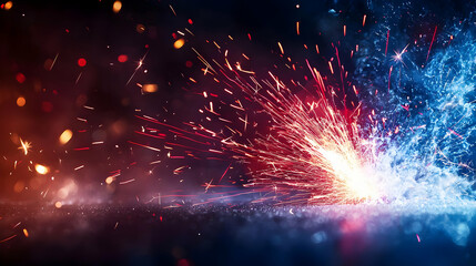 Poster - Vibrant Fireworks Explosion With Red And Blue Sparks Against Dark Background