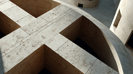 Aufkleber - Stone architectural structure. The intersecting geometrical shapes are constructed with rectangular blocks of light-colored stone creating an interesting texture.