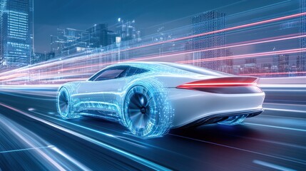Poster - Autonomous electric car driving through city at night